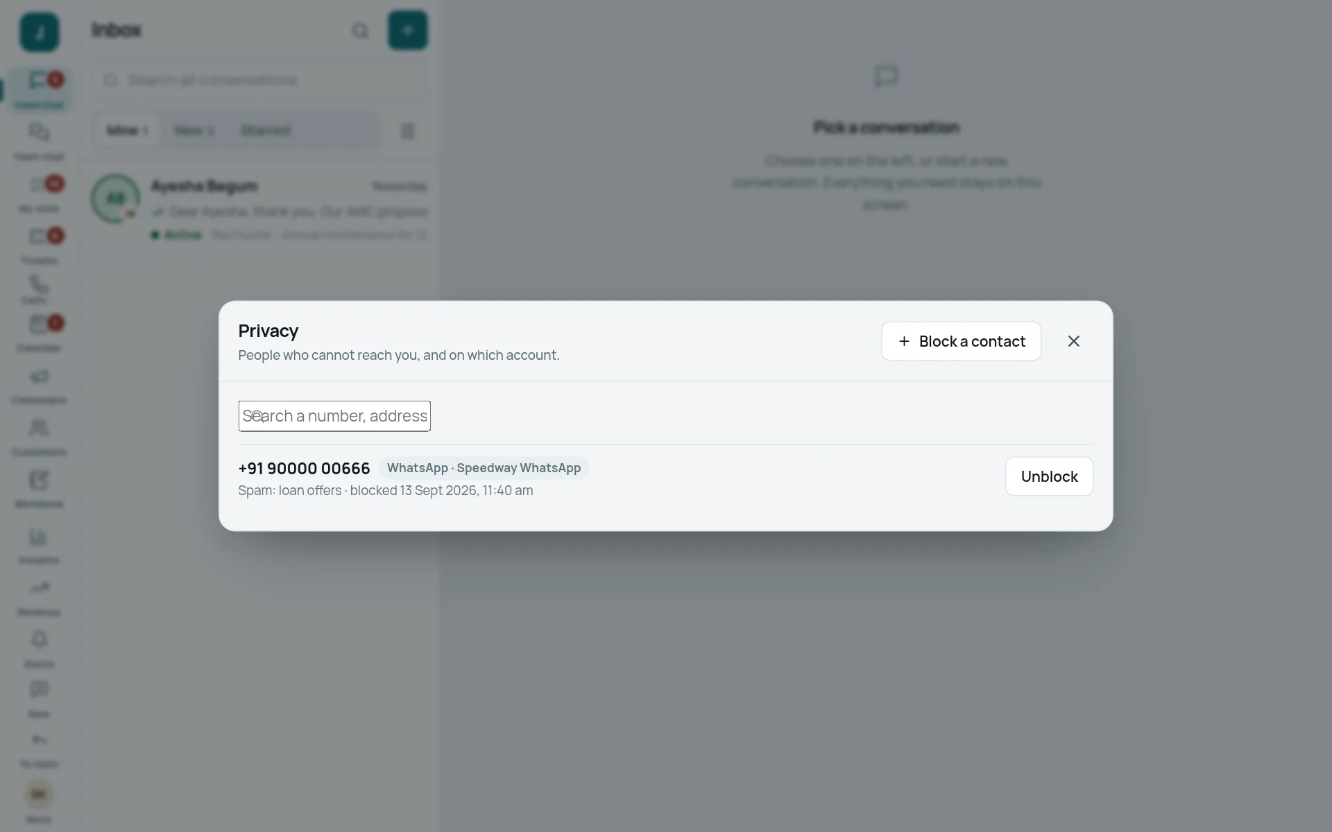 More → Privacy: numbers and addresses blocked on each channel, with the reason. Unblock one here.
